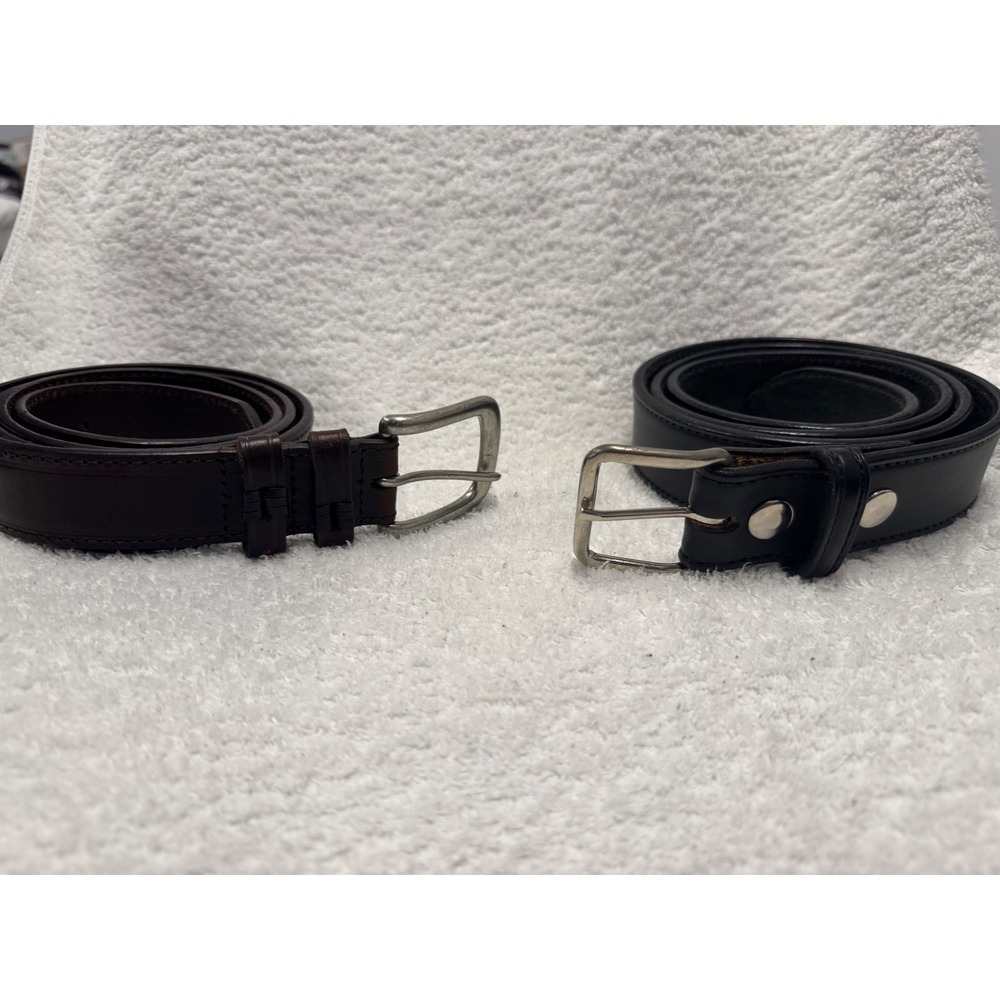 Lot of 2 Mens Top Grain Leather Belts Size 46 Black Brown Silver Buckle Classic